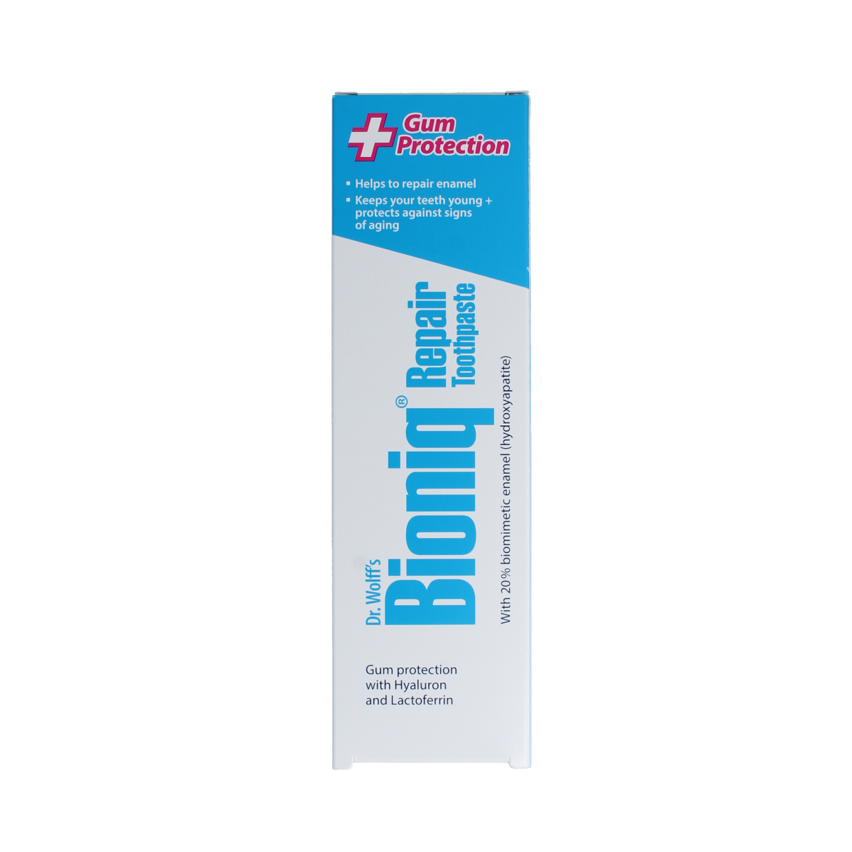 Bioniq Repair Gum Protect toothpaste tube, 75ml, featuring a white and green packaging with a flip-top cap.