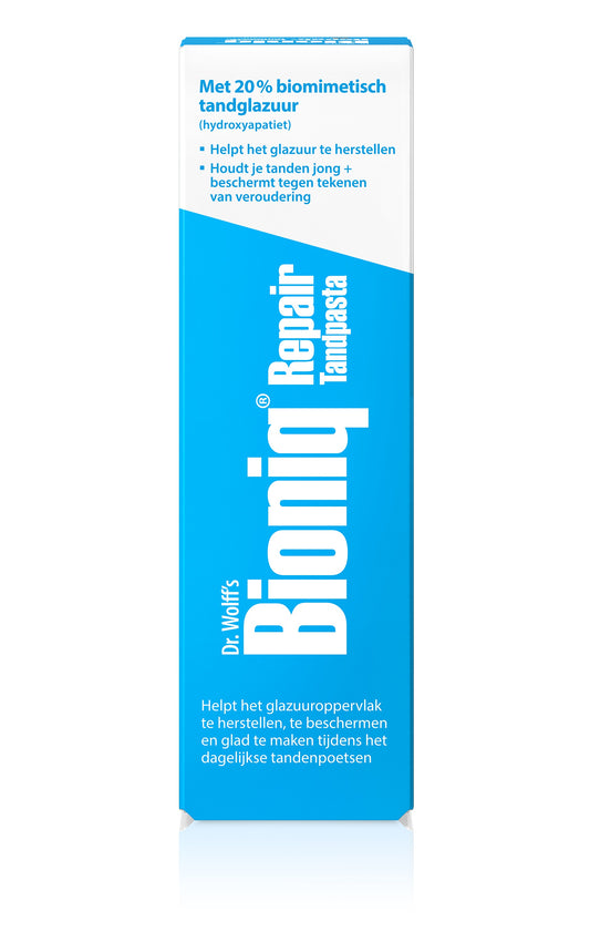 Bioniq Tandpasta Repair toothpaste tube, 75ml, with a white and blue packaging design for dental care and repair.