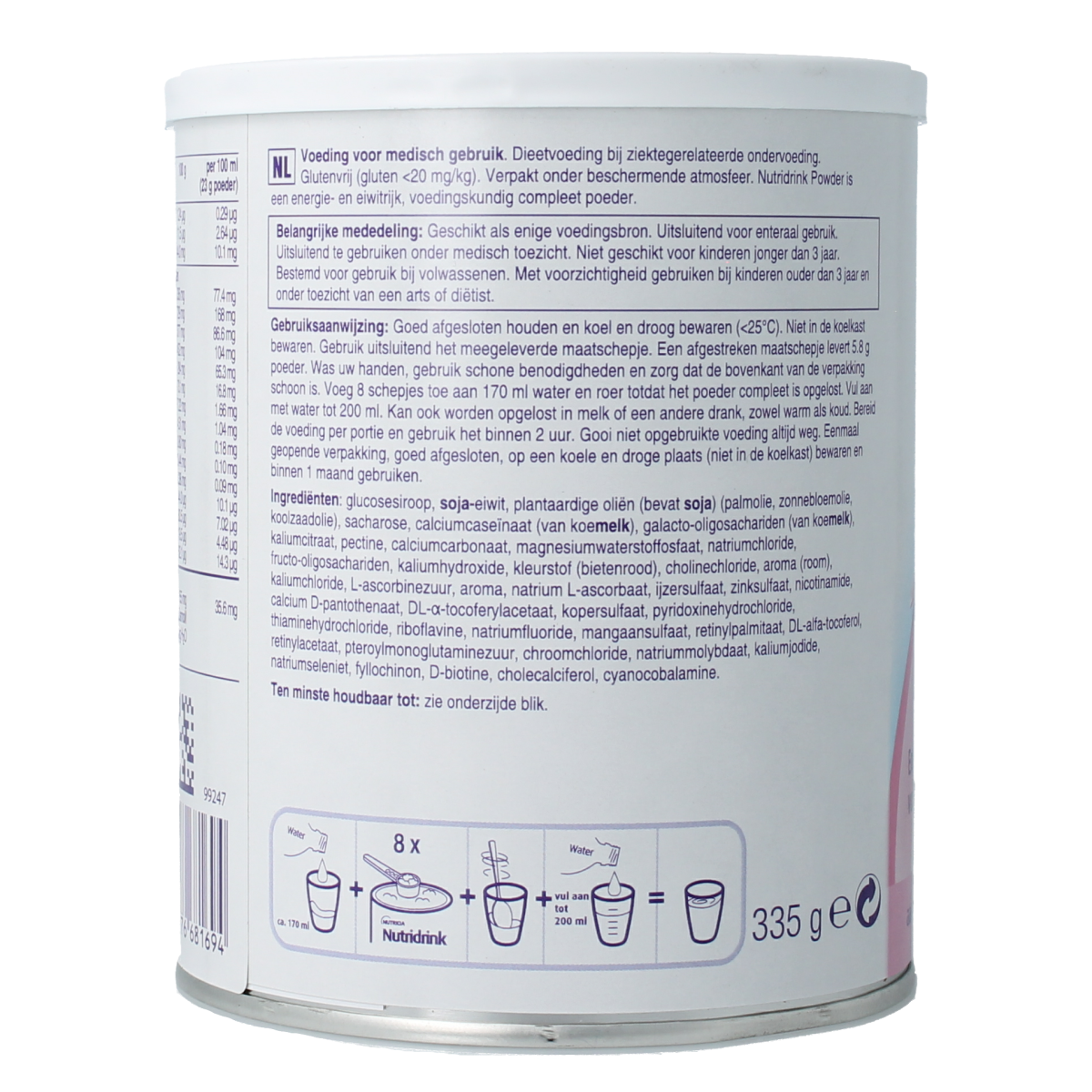 Nutridrink Aardbei poeder 335g, medische dieetvoeding in resealable container with strawberry flavor and scoop for easy serving.