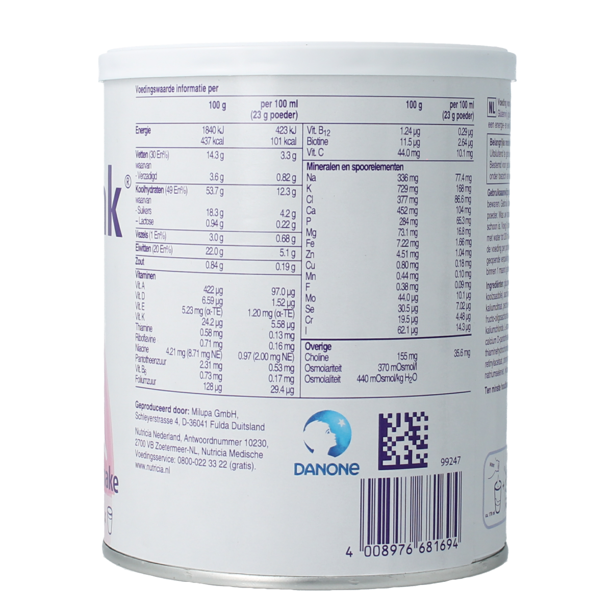 Nutridrink Aardbei powdered medical diet food in 335g package, showing the strawberry flavored product and packaging.