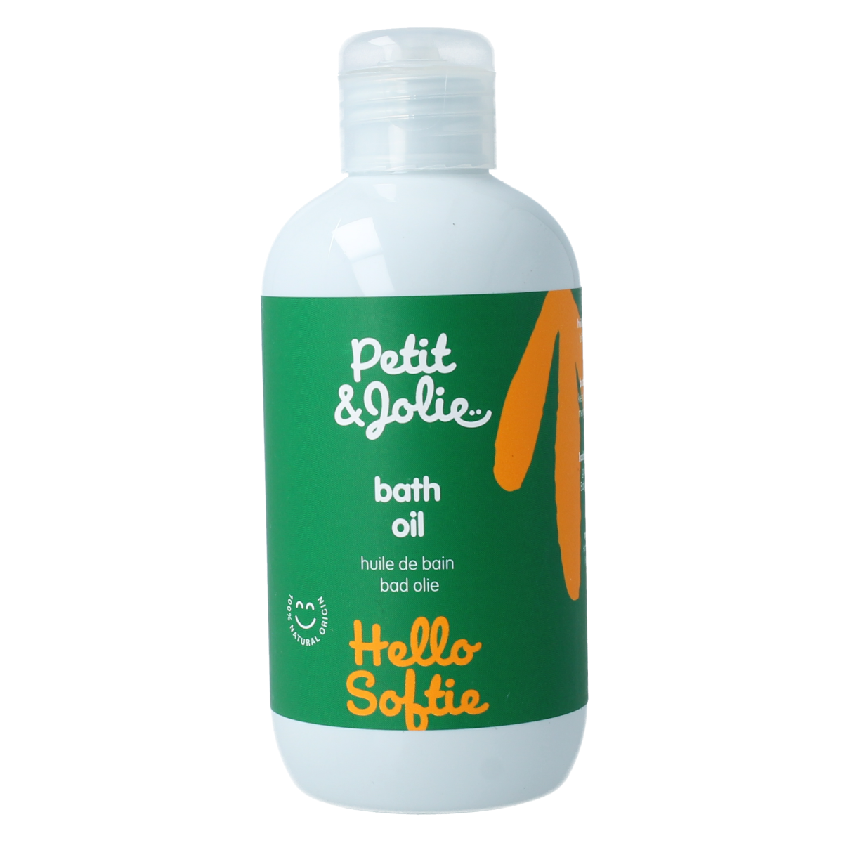 Petit et Jolie Baby bath oil in 200ml bottle, gentle baby and toddler skincare product with a soft label and flip-top cap.