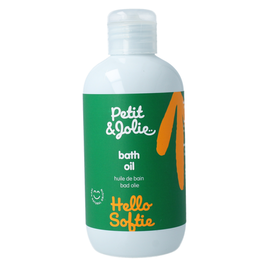 Petit et Jolie Baby bath oil in 200ml bottle, gentle baby and toddler skincare product with a soft label and flip-top cap.