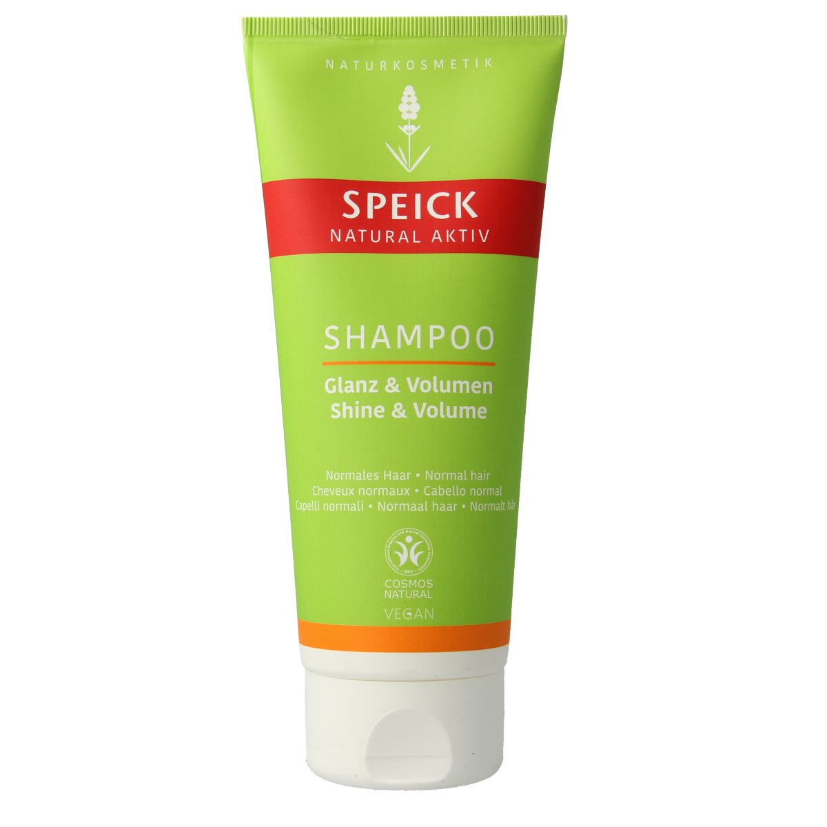 Speick Natural aktiv shampoo with gloss and volume, 200ml bottle, for hair care and revitalizing hair shine.