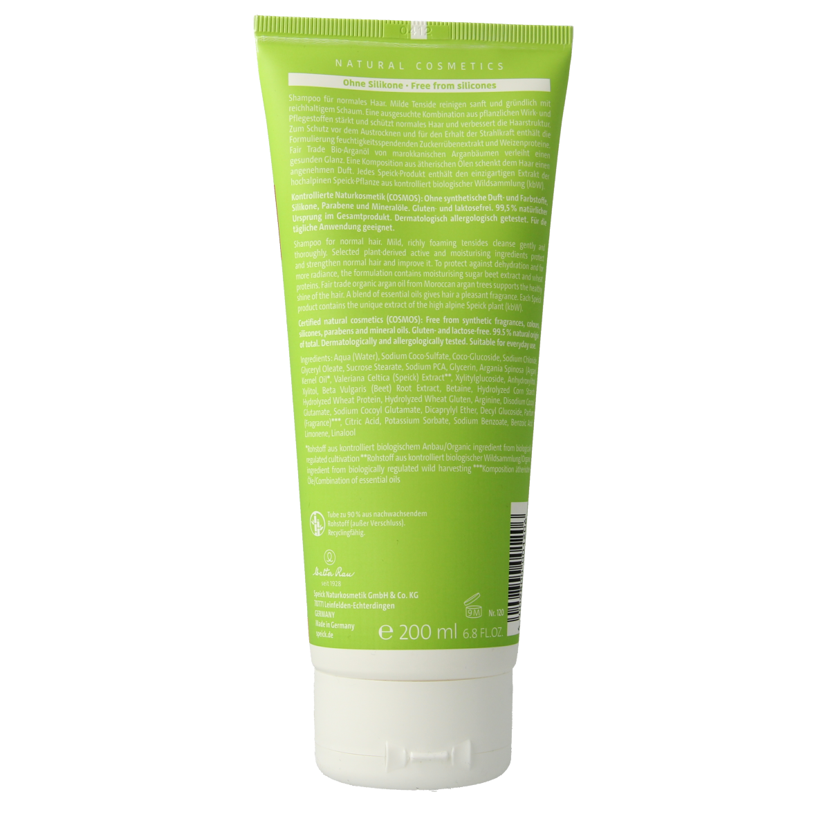 Speick Natural aktiv shampoo for shine and volume, 200ml, featuring a clear bottle with a flip-top cap and product label.
