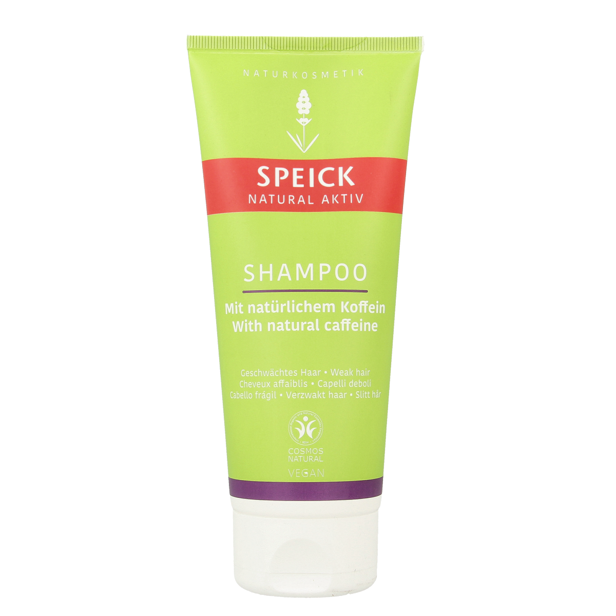 Speick Natural aktiv caffeine shampoo bottle showing the label and packaging for hair care.