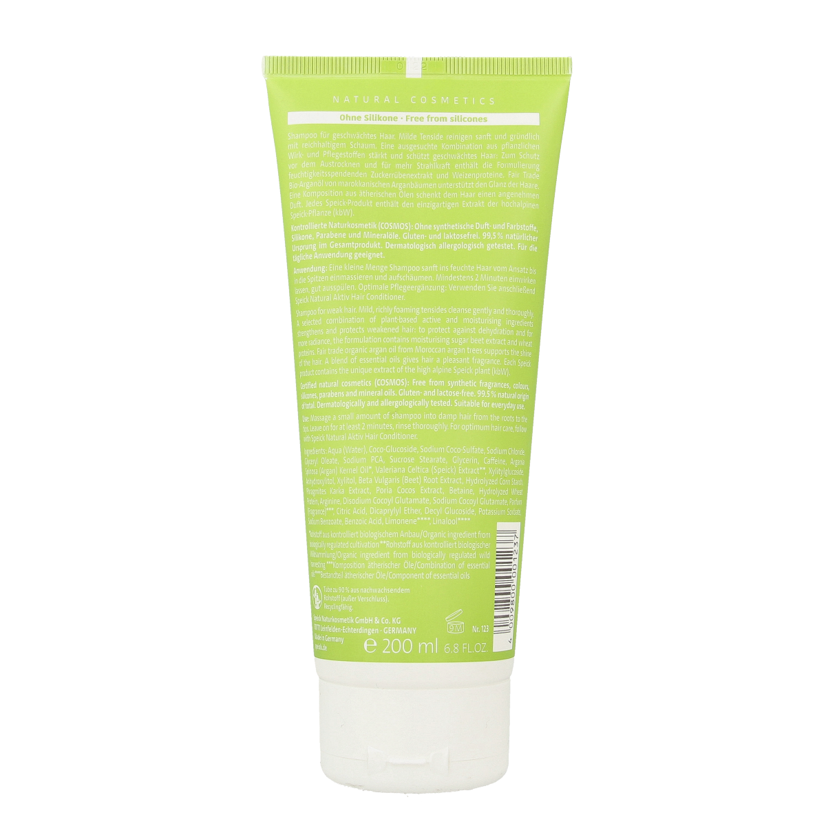 Speick Natural aktiv shampoo with caffeine in a 200ml bottle, designed for hair care and scalp refreshment.