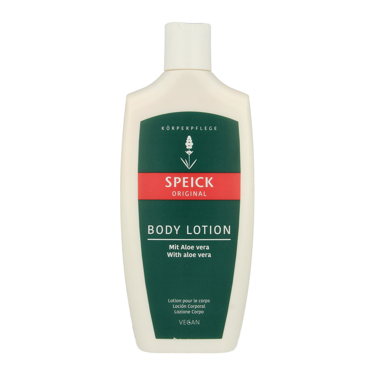 Speick Original body lotion 250ml bottle with label, creamy texture visible, in a natural skincare packaging.