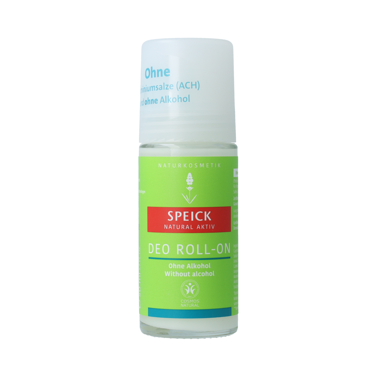 Speick Natural aktiv deodorant roller alcoholvrij bottle with white cap and label, 50ml, natural deodorant for fresh feeling.