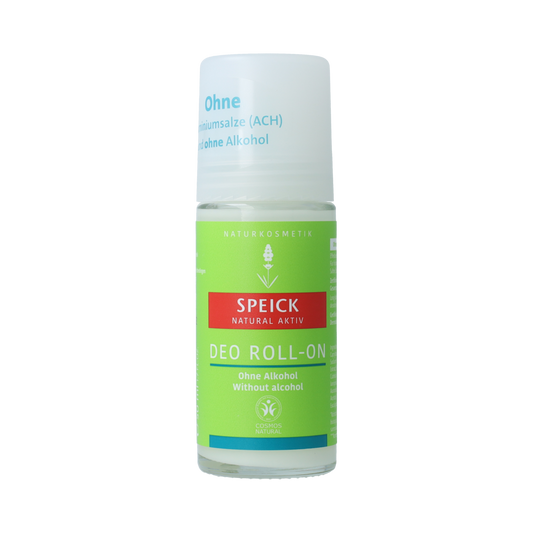 Speick Natural aktiv deodorant roller alcoholvrij bottle with white cap and label, 50ml, natural deodorant for fresh feeling.