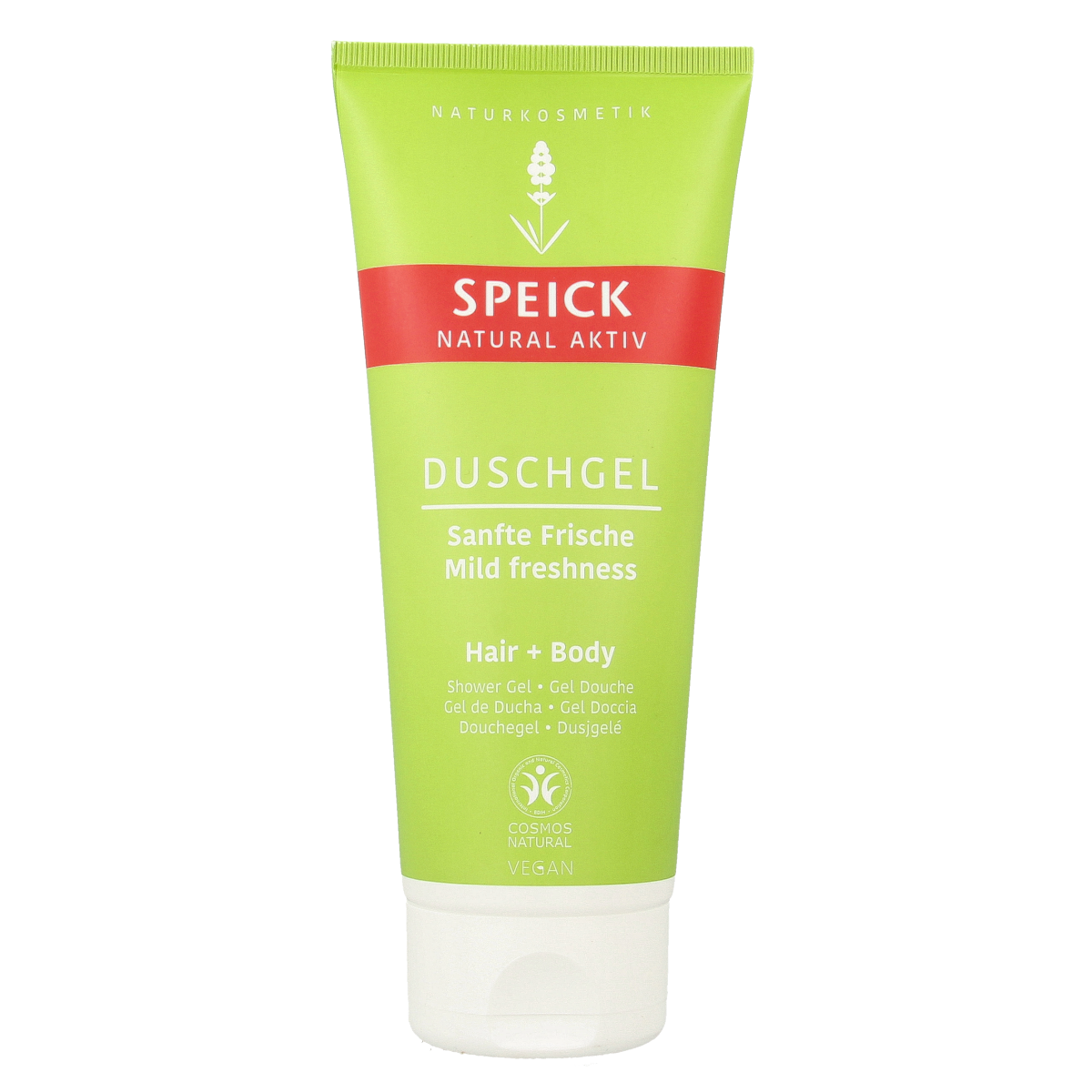 Speick natural aktiv shower gel in 200ml bottle, gentle cleansing for skin, with natural ingredients.