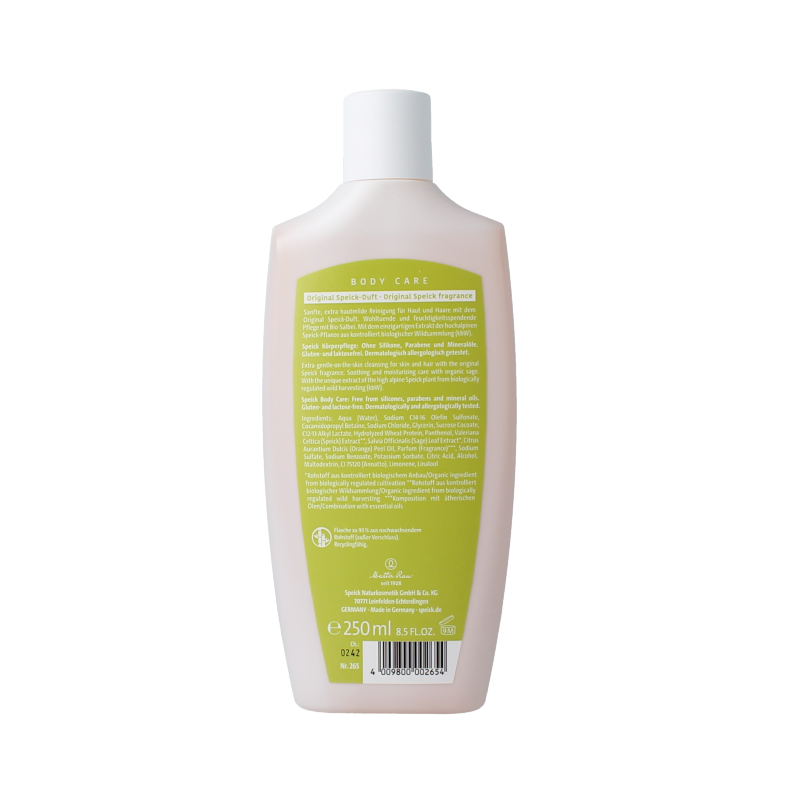 Speick sensitive shower gel 250ml bottle, gentle formula for sensitive skin, with natural ingredients and refreshing scent.