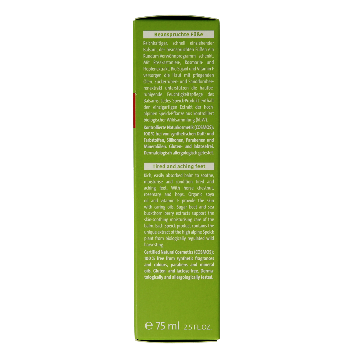 Speick Natural aktiv voetbalsem in 75ml tube, featuring natural ingredients for foot care and soothing skincare.