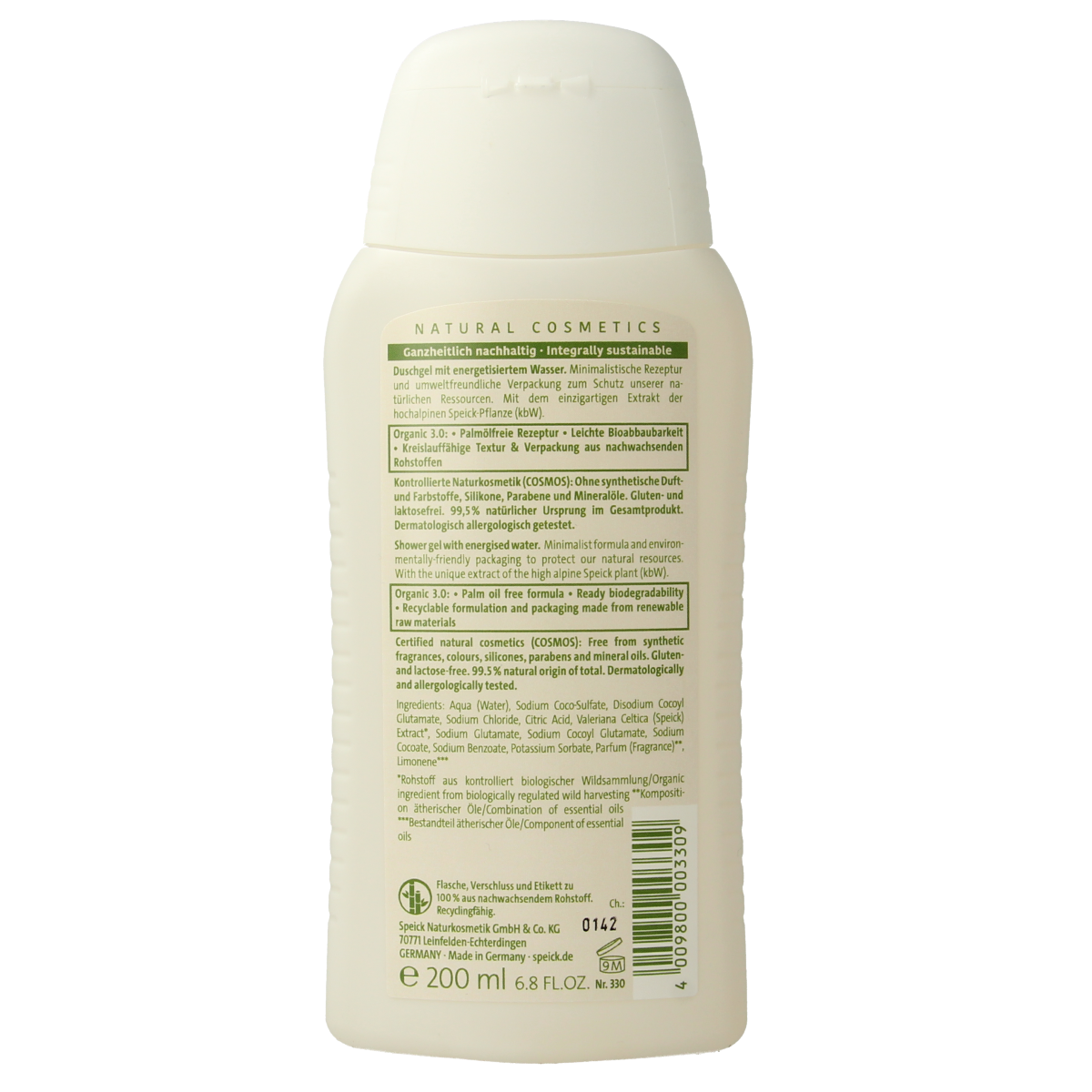 Speick organic douchegel in 200ml bottle, natural body care product with a clear label and pump dispenser.