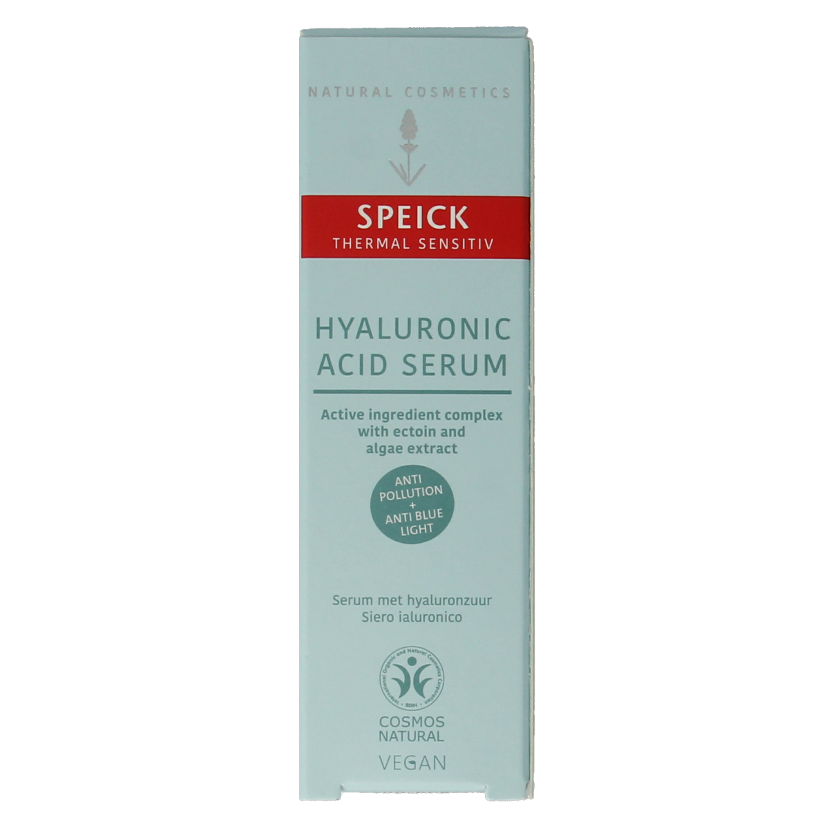Speick Thermal Sensitive Hyaluron Serum 15ml for facial skincare, featuring a clear glass bottle with a white pump dispenser.