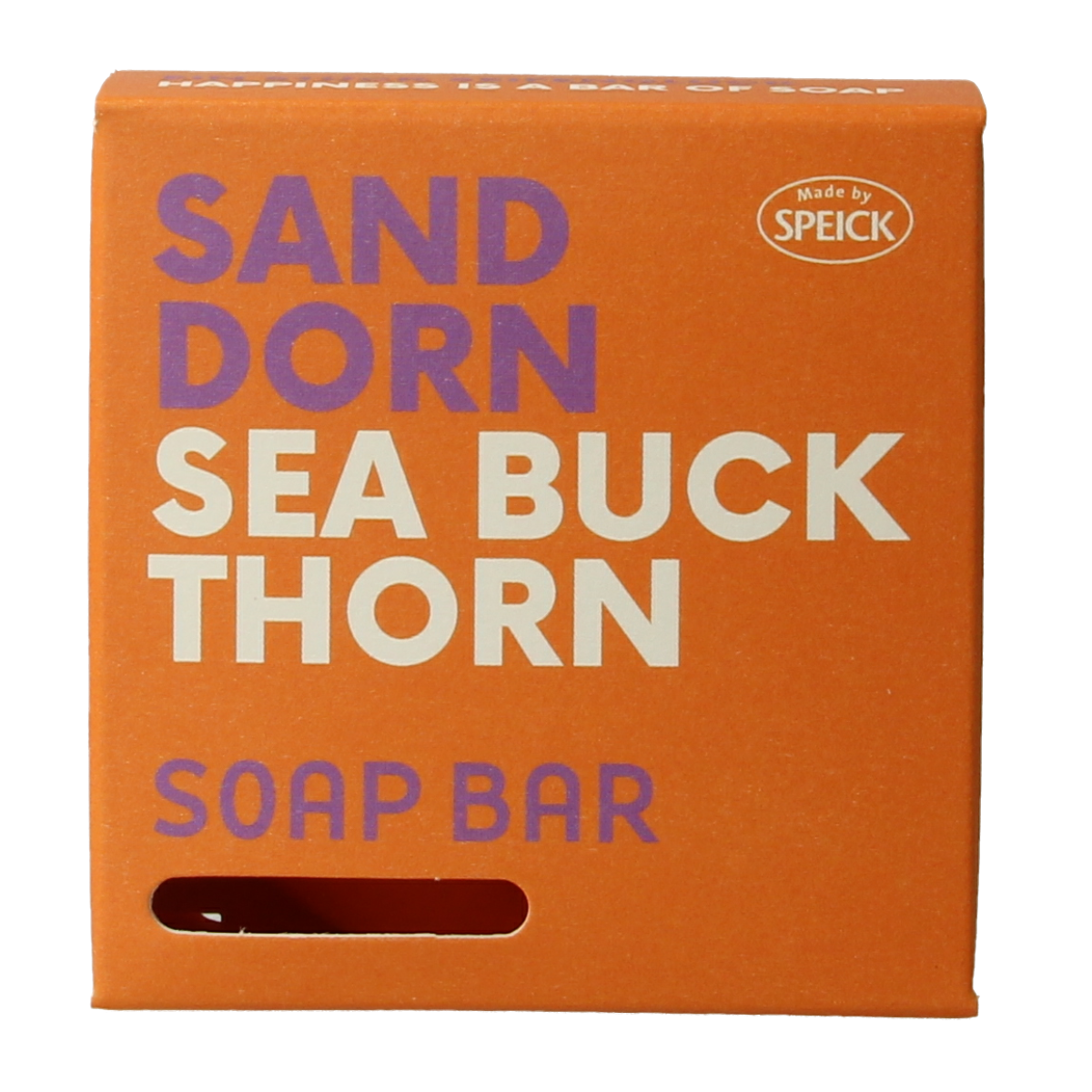 Speick Duindoorn zeep in doosje, 100g natural soap with orange extract, showcasing the packaging and soap bar.