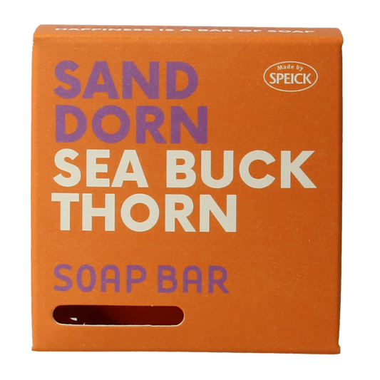 Speick Duindoorn zeep in doosje, 100g natural soap with orange extract, showcasing the packaging and soap bar.