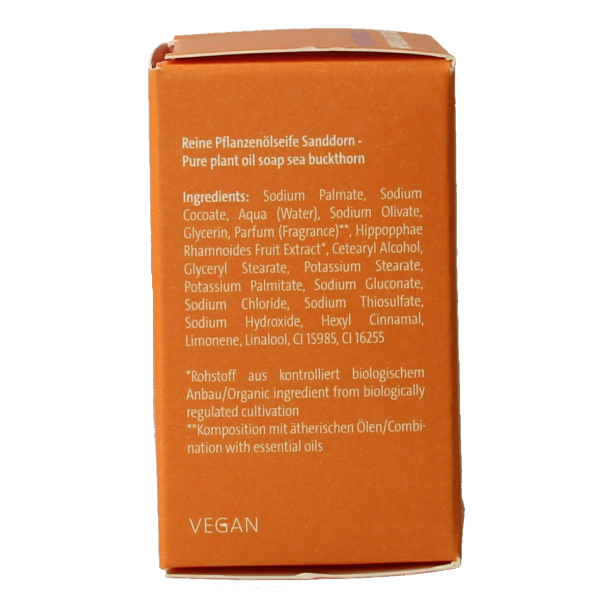 Speick Duindoorn zeep in doosje, 100g, natural soap with duindoorn (sea buckthorn) ingredients, in packaging.