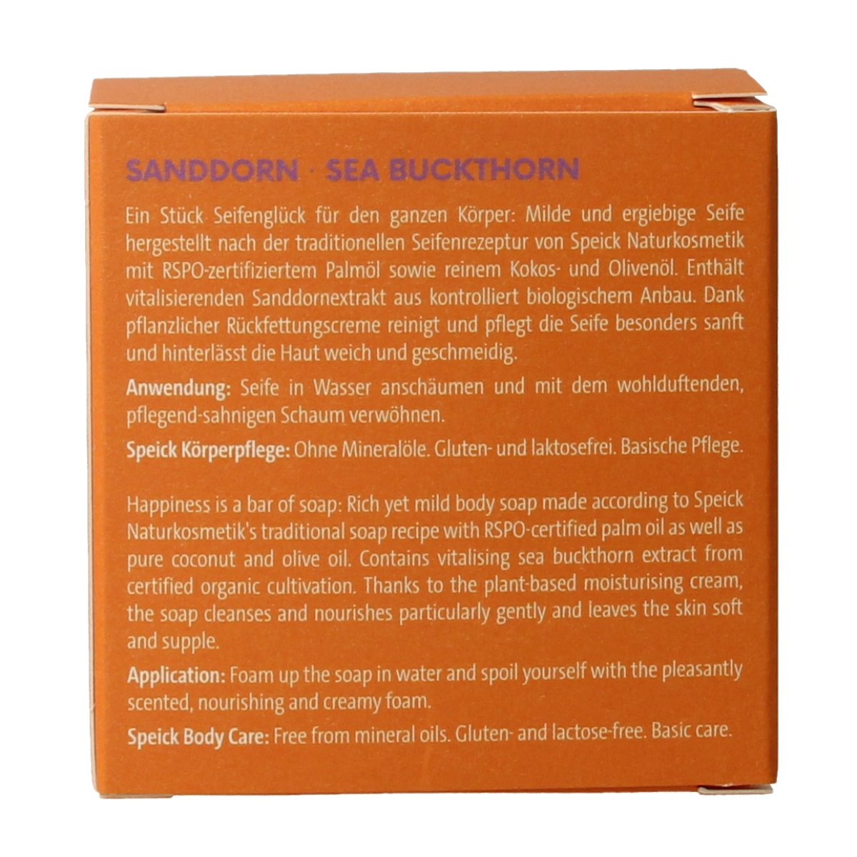Speick Duindoorn soap in a 100g box, natural skincare soap with orange extract, displayed in a box.