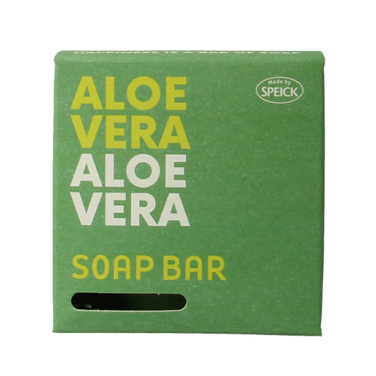 Speick Aloe Vera soap in a box, 100g, with a white rectangular packaging displaying the brand name and aloe vera imagery.