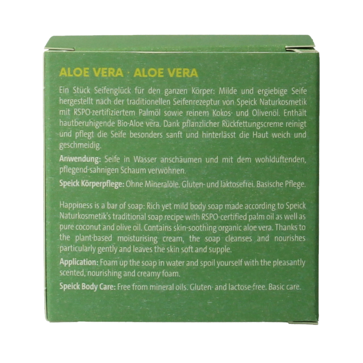Speick Aloe Vera soap in a box, 100g, with green packaging and a natural, soothing aloe vera theme.
