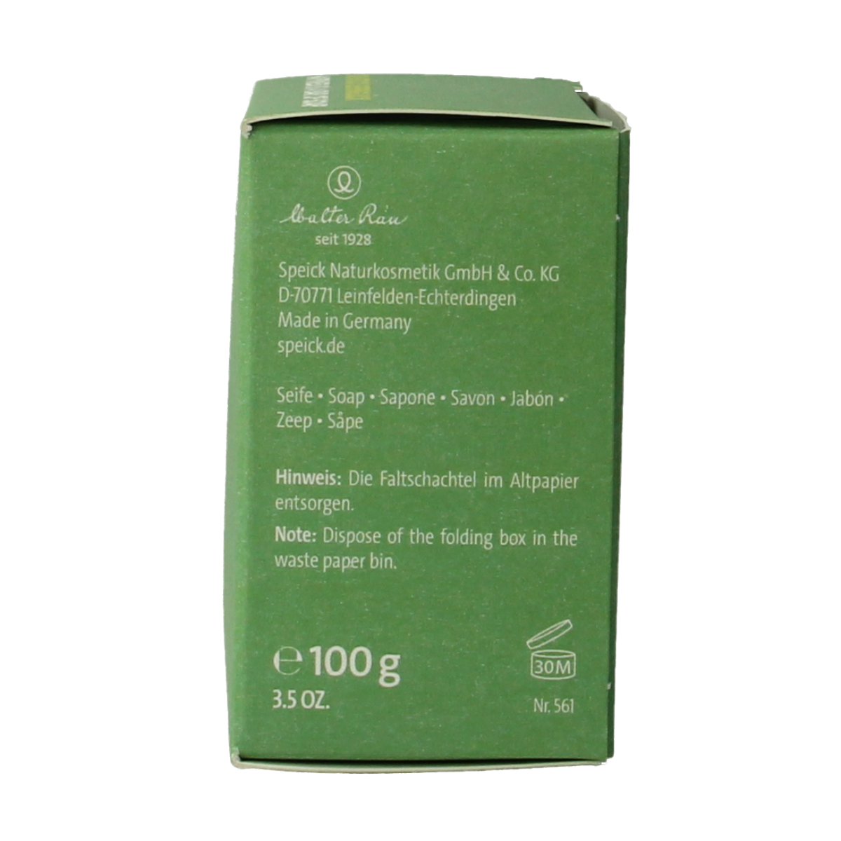 Speick Aloe Vera soap in a box, 100g, with a white and green packaging, featuring aloe vera imagery and product branding.