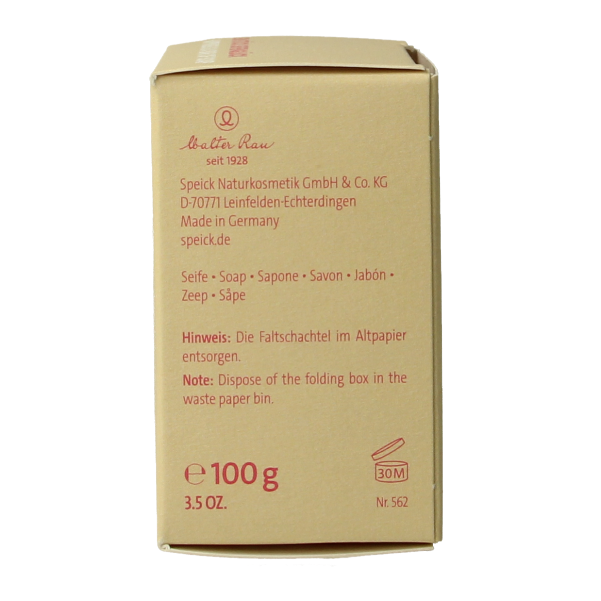 Speick Karnemelk zeep in doosje, 100g, natural soap with creamy texture, featuring Speick branding and packaging.