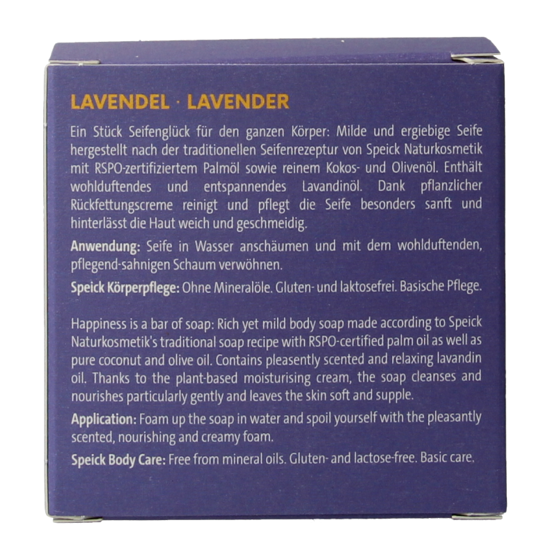 Speick lavender soap in a 100g box, featuring a lavender-scented bar with natural ingredients and packaging.