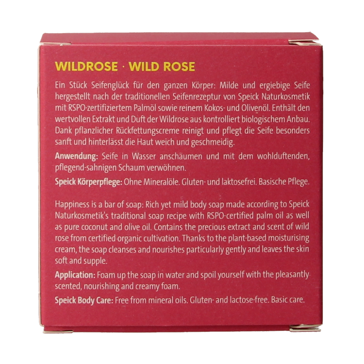 Speick Wilde Roos Zeep in doosje, 100g, with floral packaging and textured soap surface.