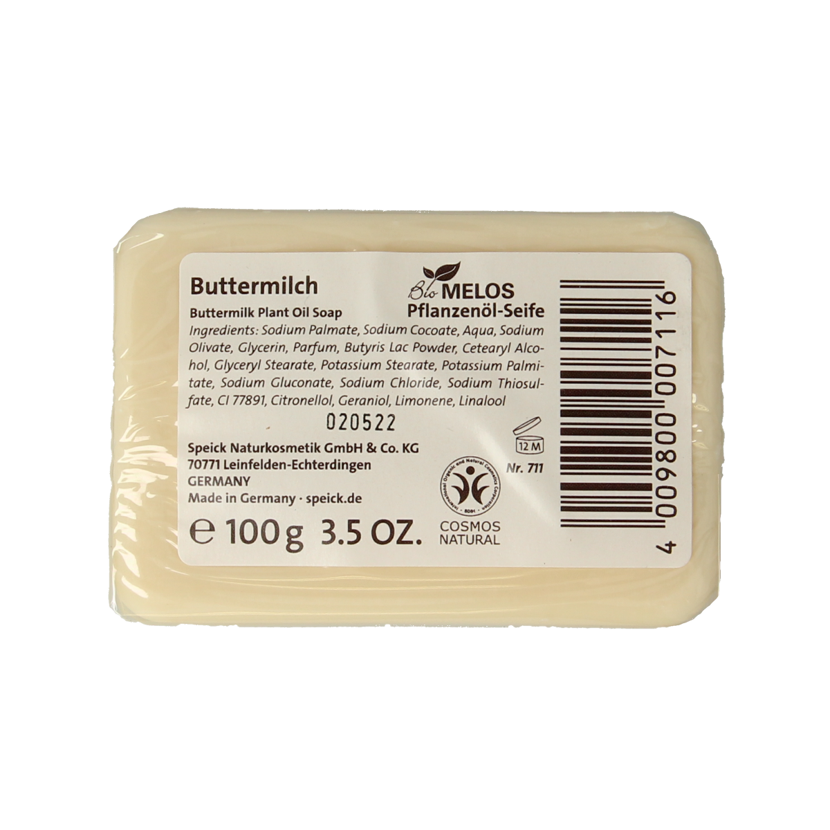 Walter Rau Karnemelk Zeep bio, 100g bar, natural soap with creamy texture, showcasing the soap wrapped in eco-friendly packaging.