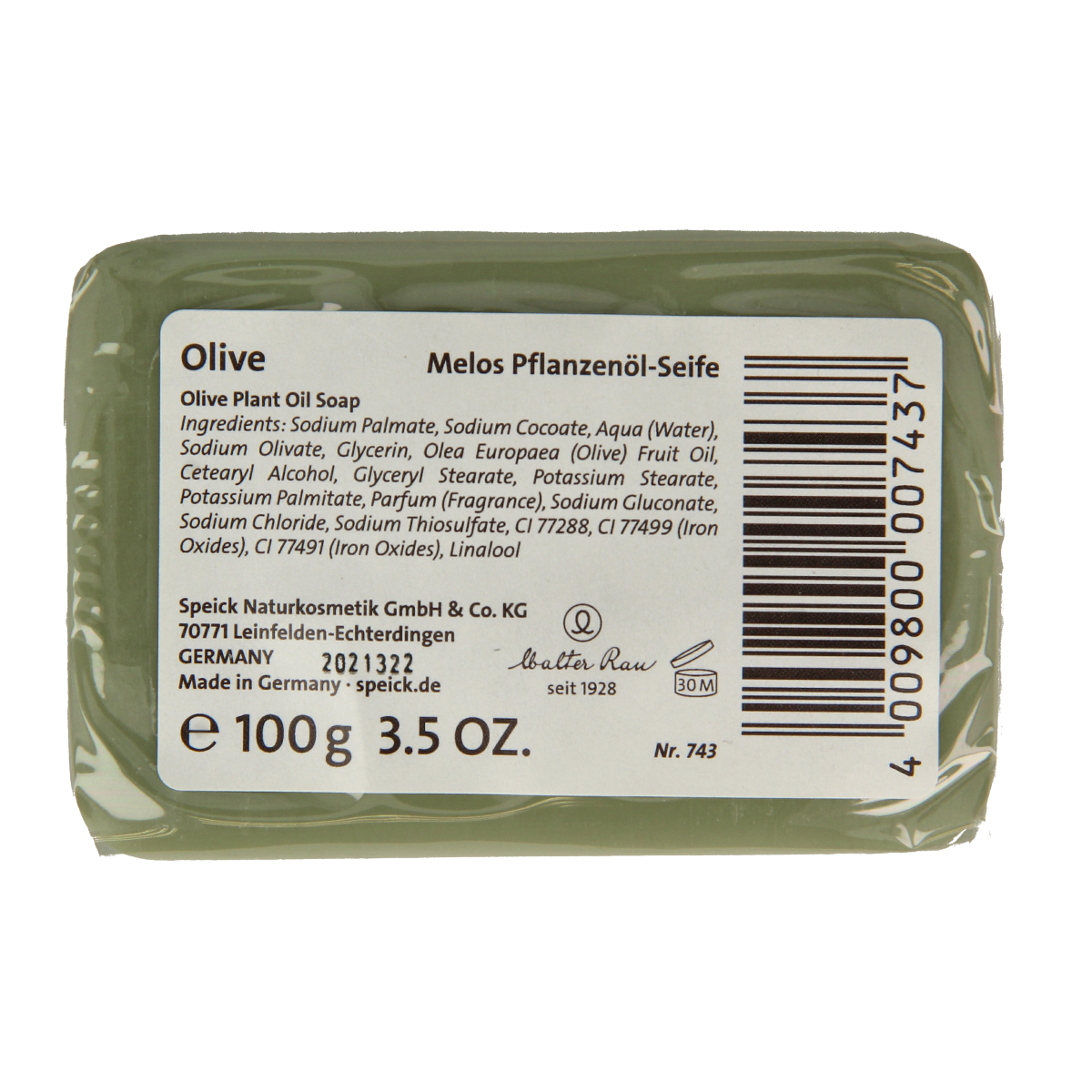 Speick Olijfzeep 100g natural soap with olive oil, showing a bar of Speick brand soap on a neutral background.