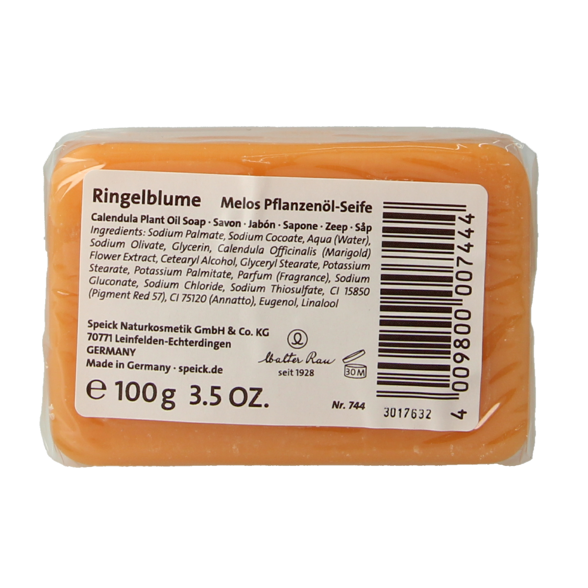 Speick Calendula soap bar, 100g, natural skincare product with calendula flowers, in a white and orange packaging.