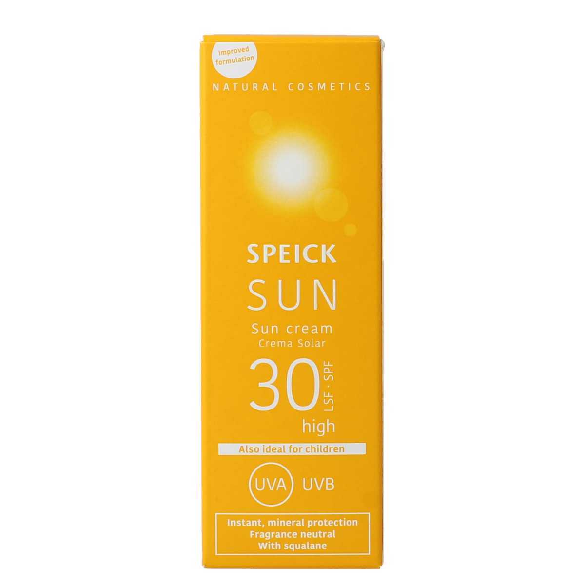 Speick bio SPF 30 sun cream in 60ml tube, featuring a white and green packaging with sun protection label.