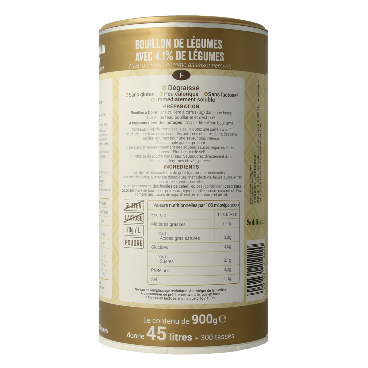Sublimix Tellofix gold gluten-free soup and broth mix in a 900g package, with a close-up of the product packaging.