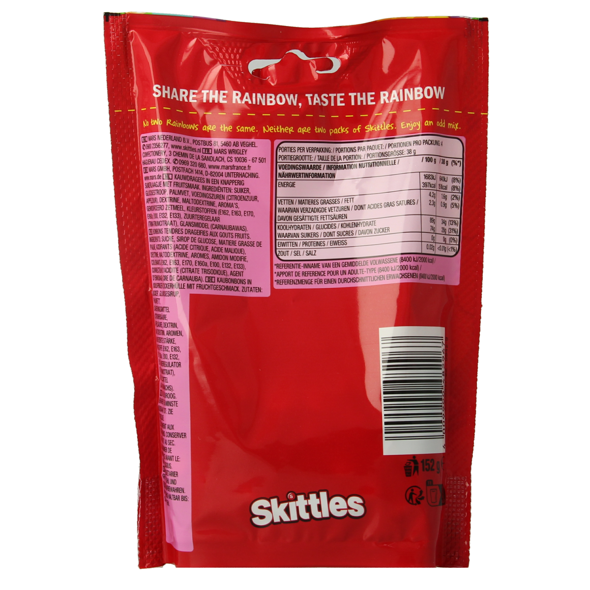 Skittles Fruits snack pack with colorful chewy fruit candies in a 152g bag, featuring vibrant Skittles branding and assorted flavors.