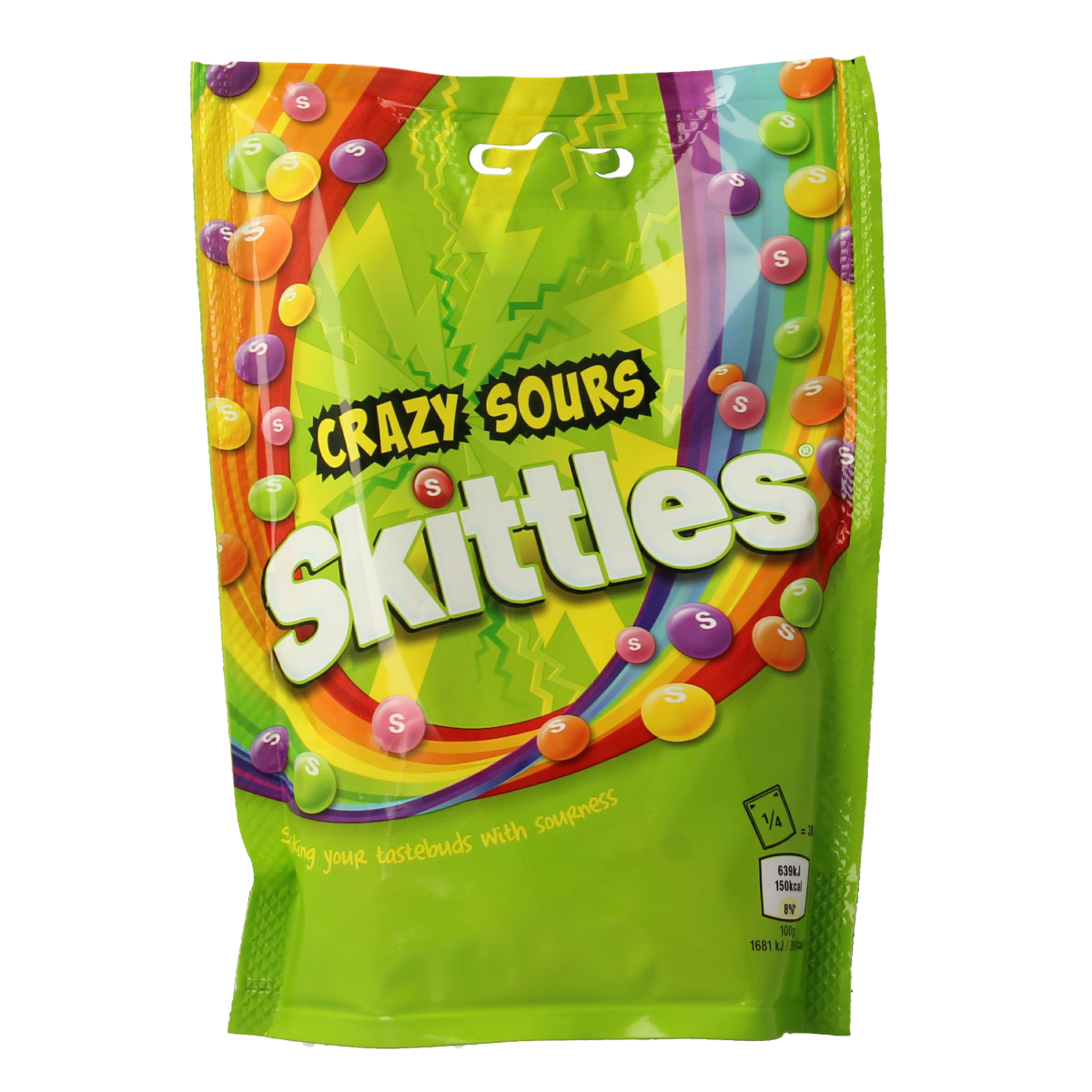 Colorful Skittles Crazy Sours candy in a 152g package, showcasing vibrant sour-coated fruit-flavored sweets.