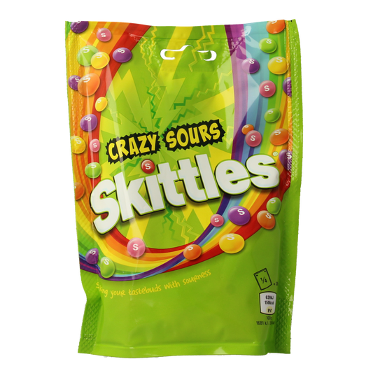 Colorful Skittles Crazy Sours candy in a 152g package, showcasing vibrant sour-coated fruit-flavored sweets.