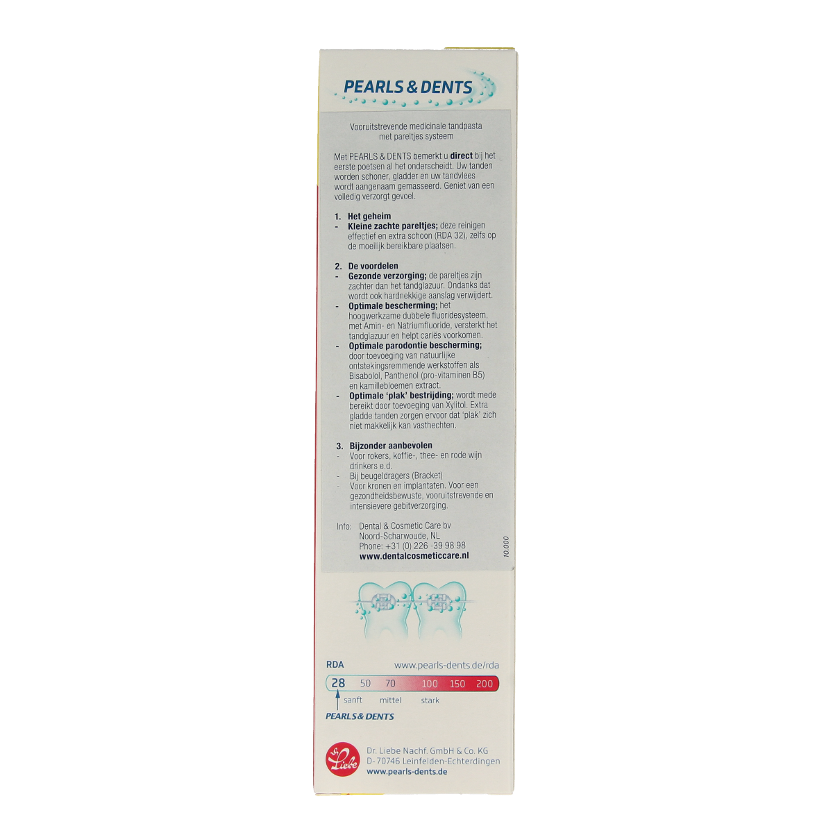 DCC Pearls en dents medicinale tandpasta in 100ml tube, designed for oral health and dental care.