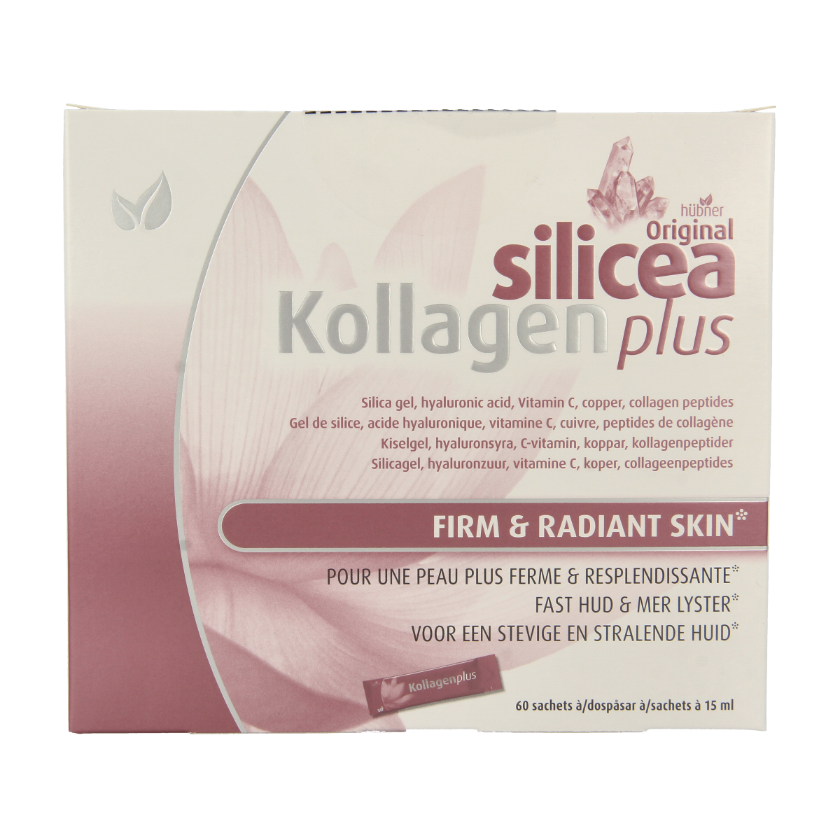 Hubner Original Silicea Kollagen Plus Collagen mineral supplement sachets, showing 60 sachets in the container.