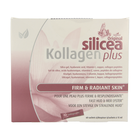 Hubner Original Silicea Kollagen Plus Collagen mineral supplement sachets, showing 60 sachets in the container.