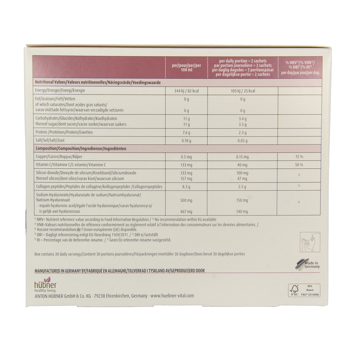Hubner Original Silicea Kollagen Plus Collagen mineral supplement sachets, 60-count, featuring collagen and silica for skin and joint support