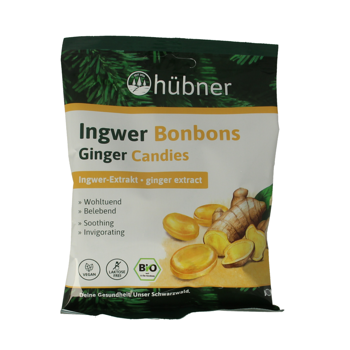 Hubner organic ginger bonbons in a 70g package, showcasing the bright, coated ginger candies from the Snoepgoed collection.