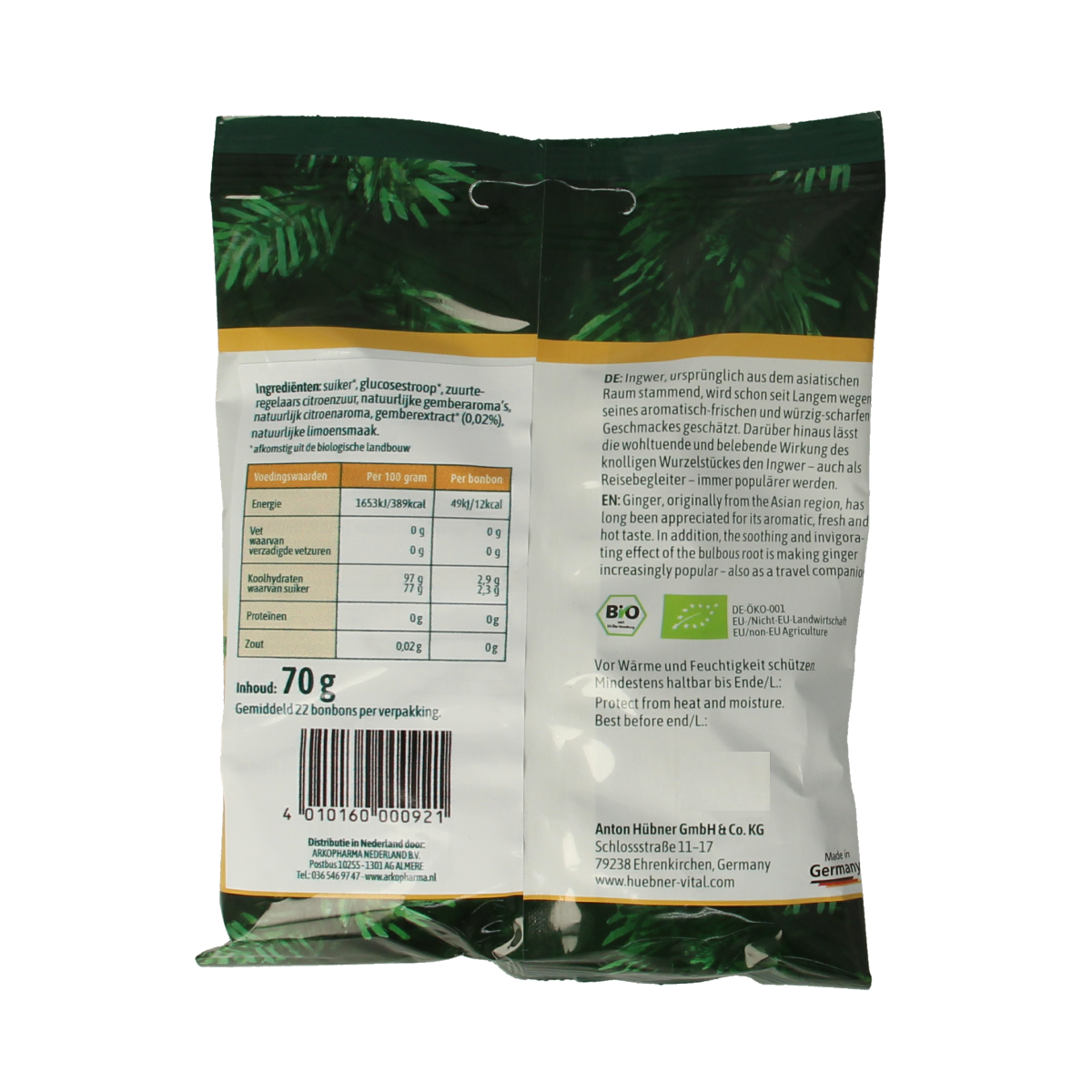 Hubner Gember bonbons bio, 70g, natural ginger candies from Hubner, showcasing glossy ginger-flavored sweets in a clear bag.