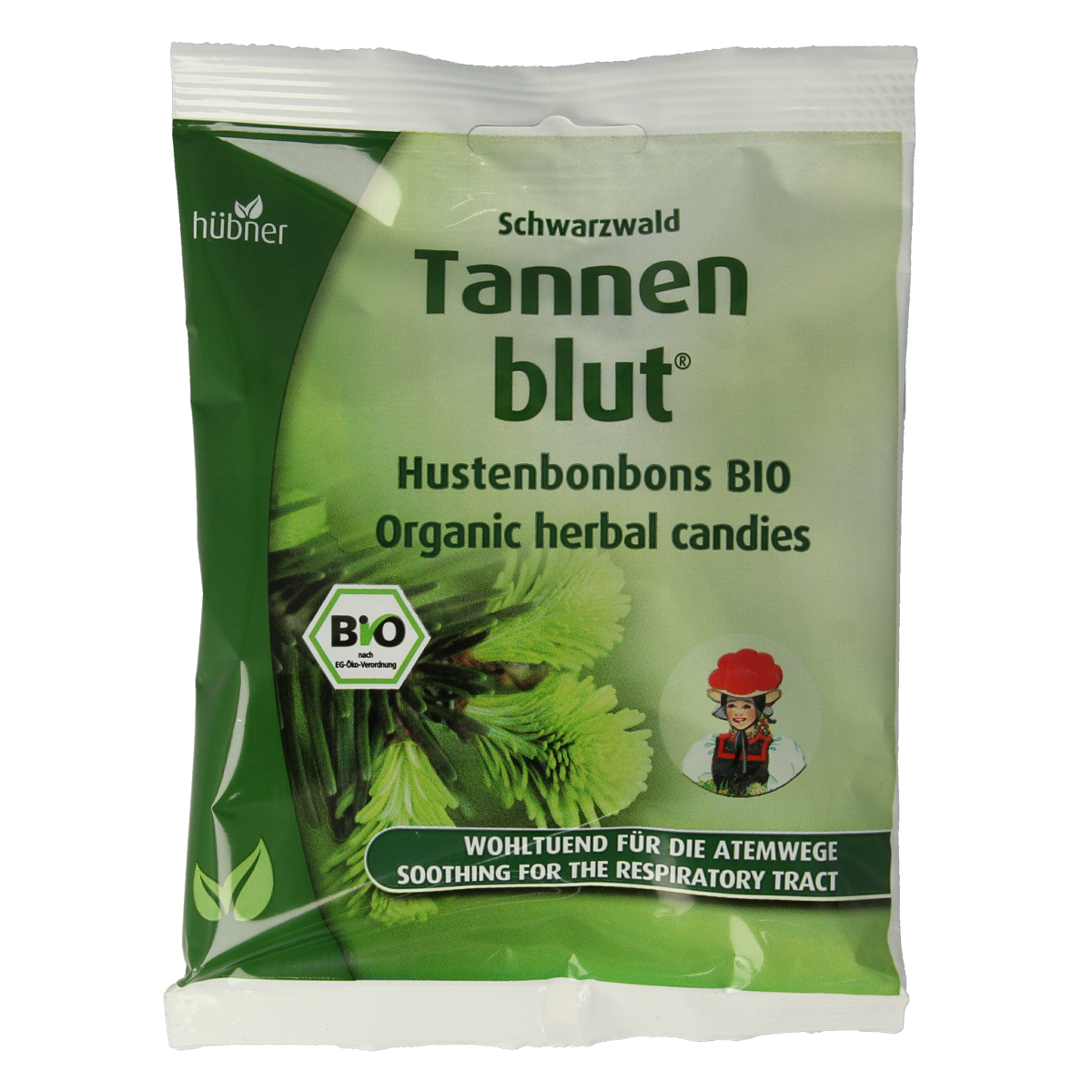 Hubner Tannenblut organic hoestbonbons, snoepgoed with herbal ingredients, displayed in a 75g package.