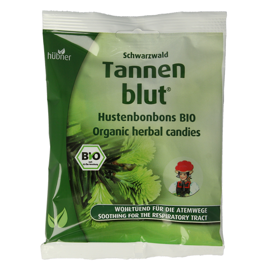 Hubner Tannenblut organic hoestbonbons, snoepgoed with herbal ingredients, displayed in a 75g package.