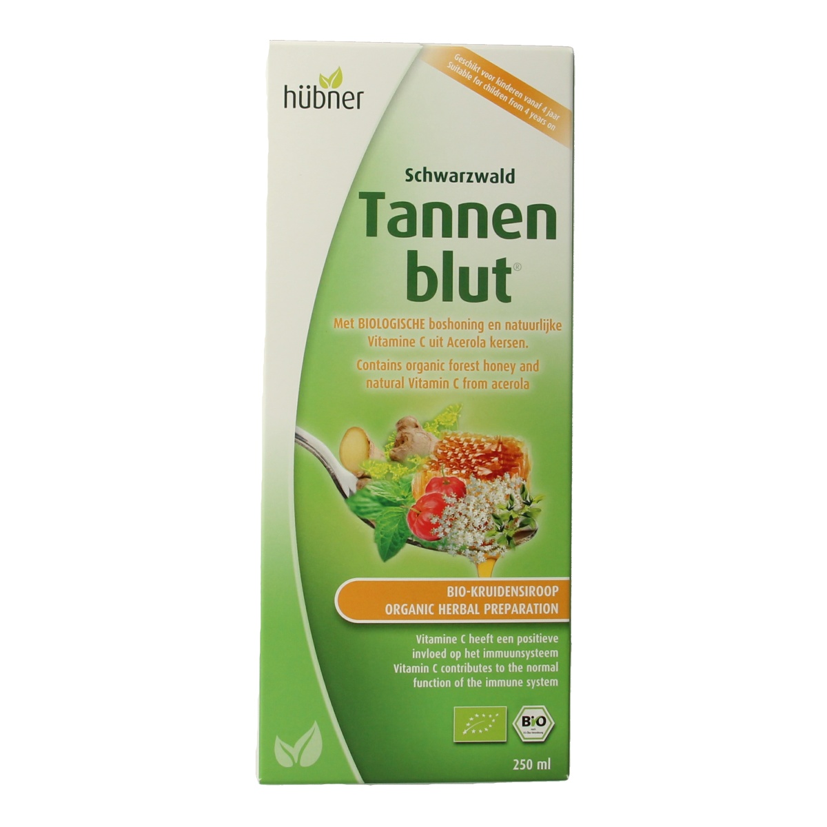 Bottle of Hubner Tannenblut herbal syrup in 250ml bottle, showcasing the herbal preparation from the herbal supplement product line.
