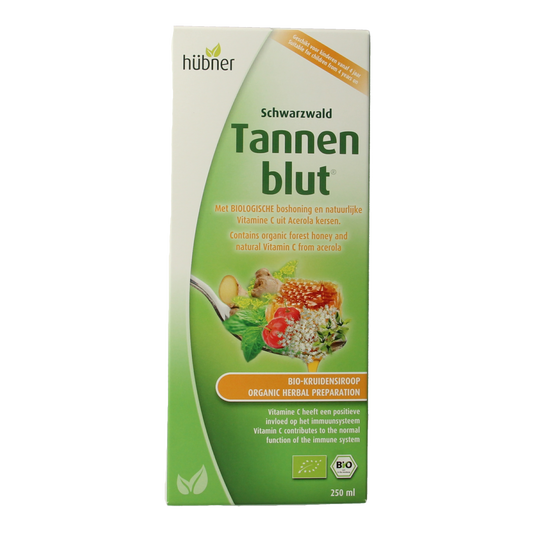 Bottle of Hubner Tannenblut herbal syrup in 250ml bottle, showcasing the herbal preparation from the herbal supplement product line.