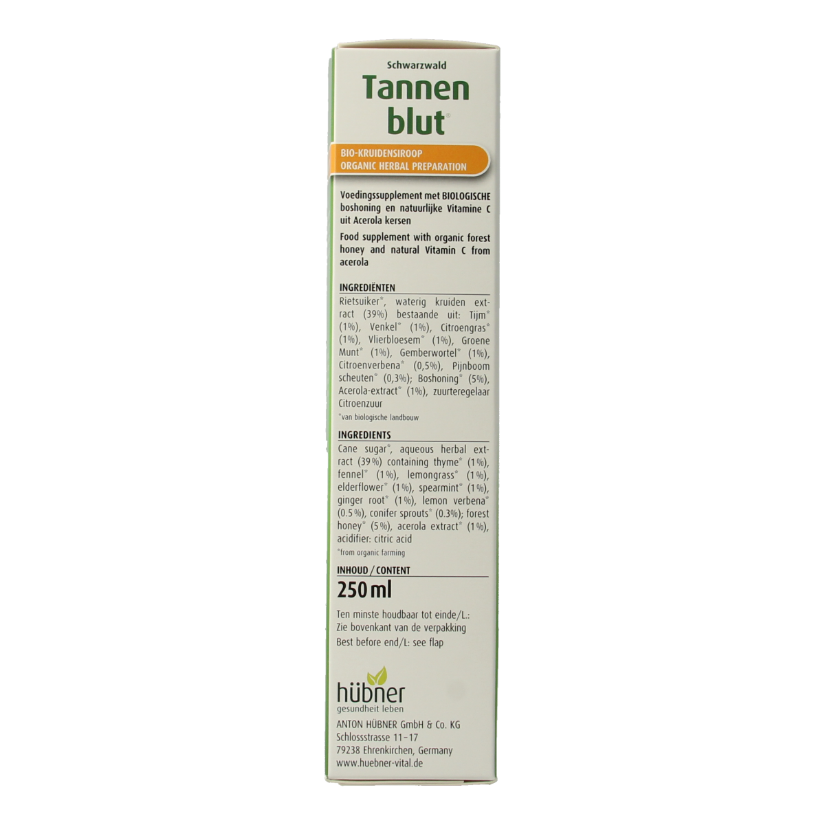 Organic Hubner Tannenblut herbal syrup in a 250ml bottle, featuring natural ingredients for traditional herbal preparation.