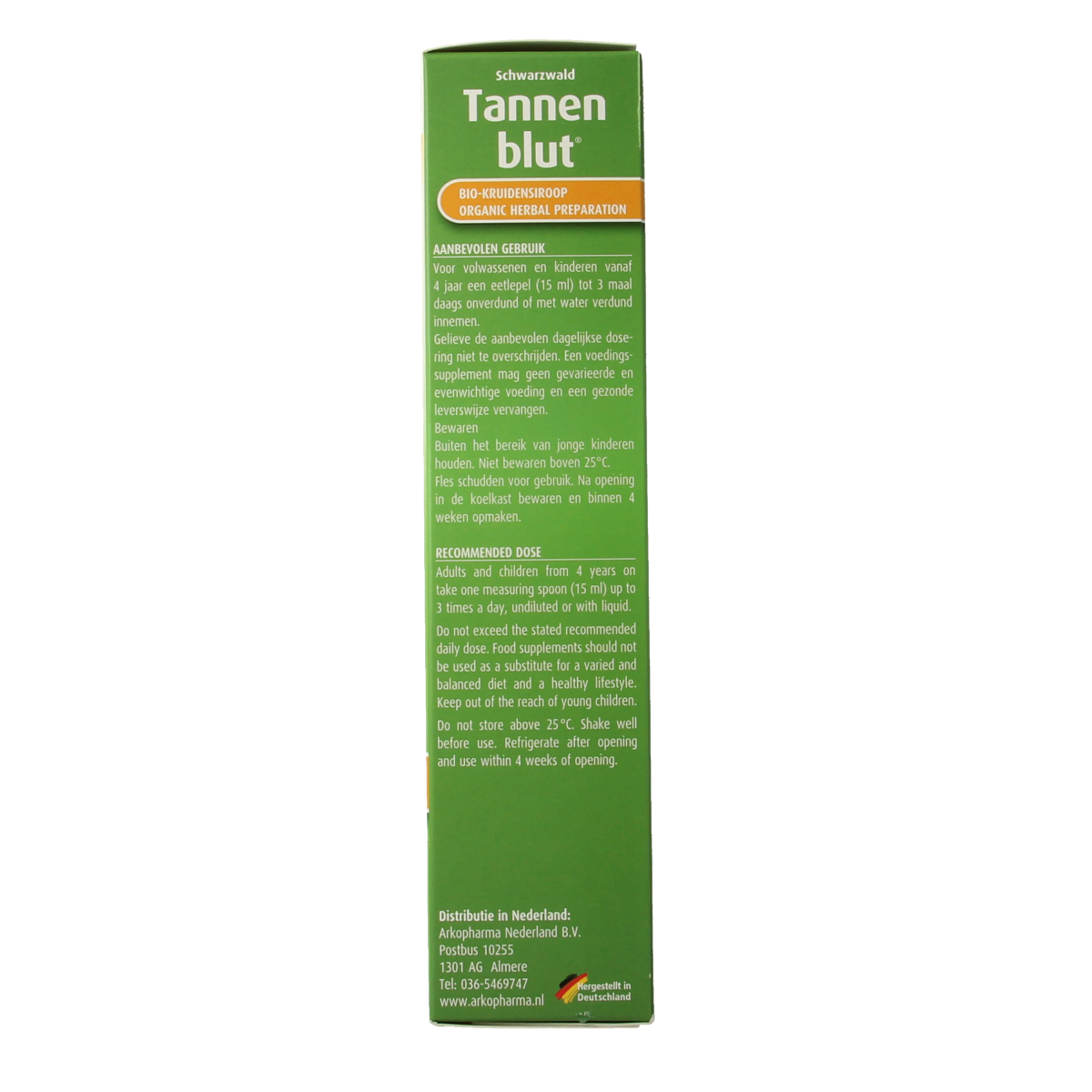 Organic Hubner Tannenblut herbal syrup in a 250ml bottle, shown with the herbal ingredients and packaging.