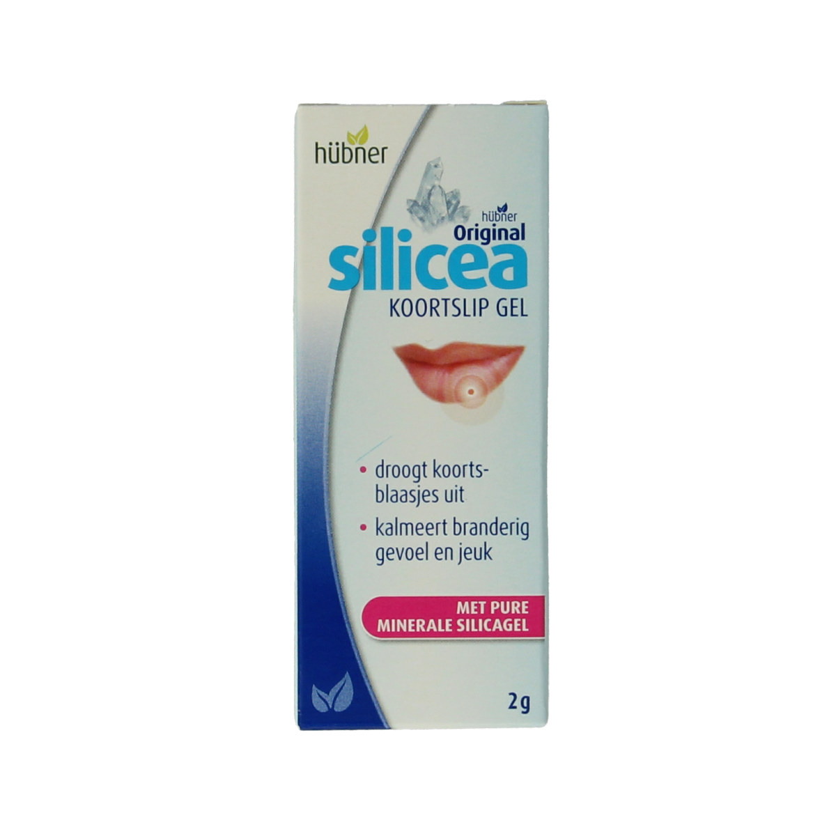 Hubner Silicea koortslip gel, 2g lip care product for cold sores, with natural soothing ingredients in a small tube.