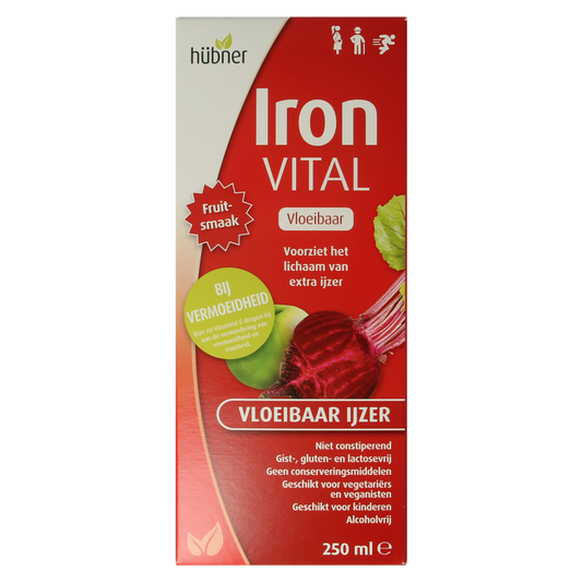 Hubner Iron Vital mineral supplement in a 250ml bottle, featuring natural liquid iron for daily health support.